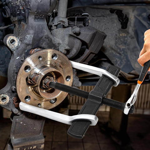 2 Jaw Gear Puller, 10 Inch Two Claw Gear Puller Tool in use on metallic machinery for bearing removal, adjustable steel construction