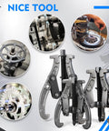 Heavy Duty Gear Puller Set With 3 4 And 6 Inch Jaws Three Jaw Puller Kit Forged Pulley Remover Reversible Jaws Bearing Removal Tool Built To Get The Job Done Automotive Repair Kit For Secure Grip And Easy Disassembly shown with close-up gear removal