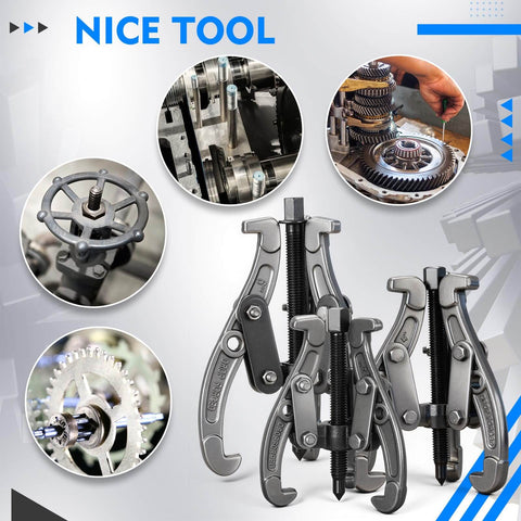 Heavy Duty Gear Puller Set With 3 4 And 6 Inch Jaws Three Jaw Puller Kit Forged Pulley Remover Reversible Jaws Bearing Removal Tool Built To Get The Job Done Automotive Repair Kit For Secure Grip And Easy Disassembly shown with close-up gear removal