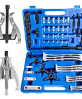 Beast Gear Puller Set With 3, 4, 6 And 8 Inch Pullers And 2 And 3 Jaw Hubs Bearing Separator in blue case, tools displayed.