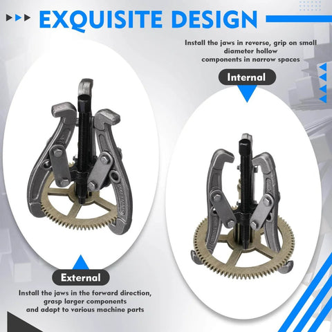 Heavy Duty Gear Puller Set With 3 4 And 6 Inch Jaws Three Jaw Puller Kit Forged Pulley Remover Reversible Jaws Bearing Removal Tool Built To Get The Job Done Automotive Repair Kit For Secure Grip And Easy Disassembly showing internal and external jaw design