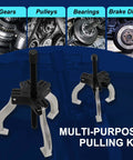 Gear Puller Set, 3" and 7" Puller Kit, 3 Jaw Gear Bearing Flywheel Pulley Removal Tool shown with gears and pulleys background