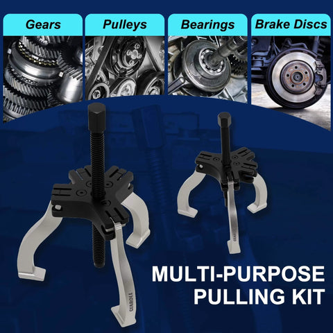 Gear Puller Set, 3" and 7" Puller Kit, 3 Jaw Gear Bearing Flywheel Pulley Removal Tool shown with gears and pulleys background