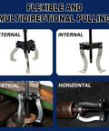 Flexible multidirectional pulling with Gear Puller Set, 3" and 7" Puller Kit, demonstrating external, internal, vertical, and horizontal use.
