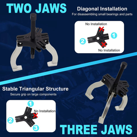 Diagram of Gear Puller Set, 3" and 7" Puller Kit, showing two and three jaw configurations for bearing and pulley removal