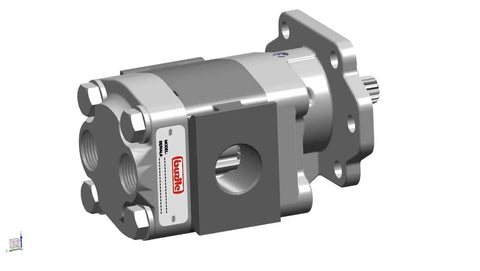Buzile Gear Pump Motor BGM20A846QUYL20-25 Replacement P21A646QUYL20-25 front view showing ports and flanges
