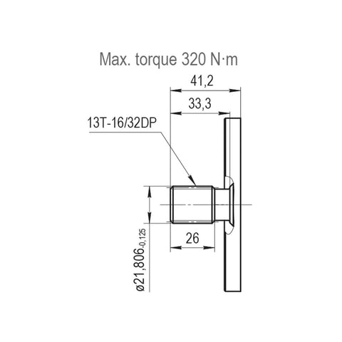 Technical diagram of 13-tooth spline shaft for Magister Hydraulics Gear Pump 13 Tooth Spline Shaft 1.7 CID 5-22 GPM CCW Rotation, Cast Iron Hydraulic Gear Pump, Outlet Port - SAE 10, Inlet Port - 12, 3600 PSI 2-Bolt B Mount