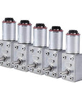 Five DC 12V gear reduction motors with encoders, high geared reduction motor with self-locking worm drive, 40RPM, side view.