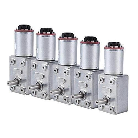 Five DC 12V gear reduction motors with encoders, high geared reduction motor with self-locking worm drive, 40RPM, side view.