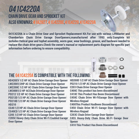 Replacement Gear And Sprocket Kit For Chamberlain Sears Craftsman LiftMaster 41C4220A One Third And One Half HP Chain Drive Garage Door Openers With Preassembled Shaft For Quick Fifteen Minute Upgrade No Disassembly, with parts list and compatible models displayed.