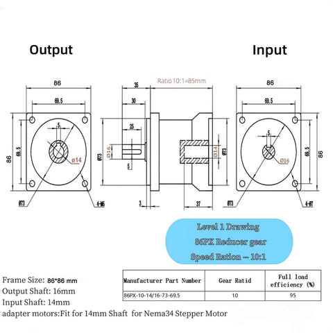 Technical drawing of 14 mm planetary gearbox speed reducer for rotary equipment and power transmission with dimensions and specifications.