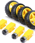 Geared DC Motor 3V To 12V For Four Wheel Drive Toy Cars And Robotics DIY Kit with four yellow motors and tire wheels