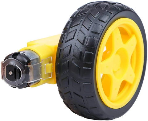 Geared DC Motor 3V To 12V attached to plastic tire, for four-wheel drive toy cars and robotics DIY kit.