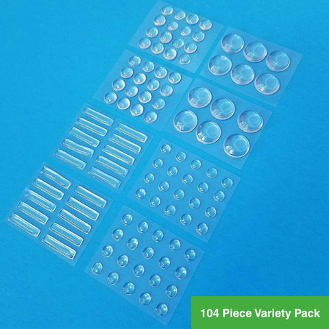 Ultra Quiet Gel Bumpers 104 Piece Variety Pack With Multi Compound Polyurethane Skin And Gel Core, displayed on blue background