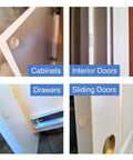 Ultra Quiet Gel Bumpers 104 Piece Variety Pack With Multi Compound Polyurethane Skin And Gel Core visible in use on cabinets, interior doors, drawers, and sliding doors for noise dampening.