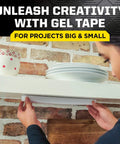Person installing shelf using Heavy Duty Double Sided Gel Tape For Removable Mounting Up To 20 Lbs On Metal Glass Tile Wood Brick And More.
