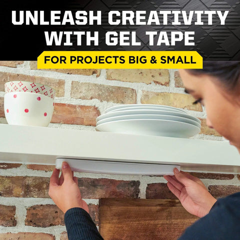 Person installing shelf using Heavy Duty Double Sided Gel Tape For Removable Mounting Up To 20 Lbs On Metal Glass Tile Wood Brick And More.