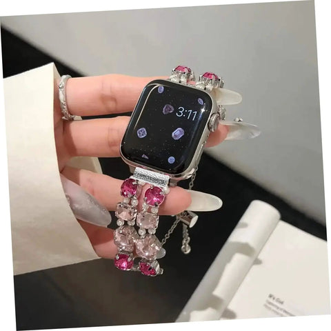 Apple Watch with pink crystal band on hand, using 10 Pack Watch Strap Connecting Adapters For Smartwatch Alloy Durable Silver Connection Compatible With Apple Watch Bands Effortless Installation Easy To Attach And Detach For Seamless Band Swaps And Wide Style Options
