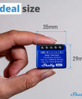 Person holding Gen 3 1 Channel WiFi Matter Smart Relay Switch With Dry Contacts 8A 240V showing dimensions.