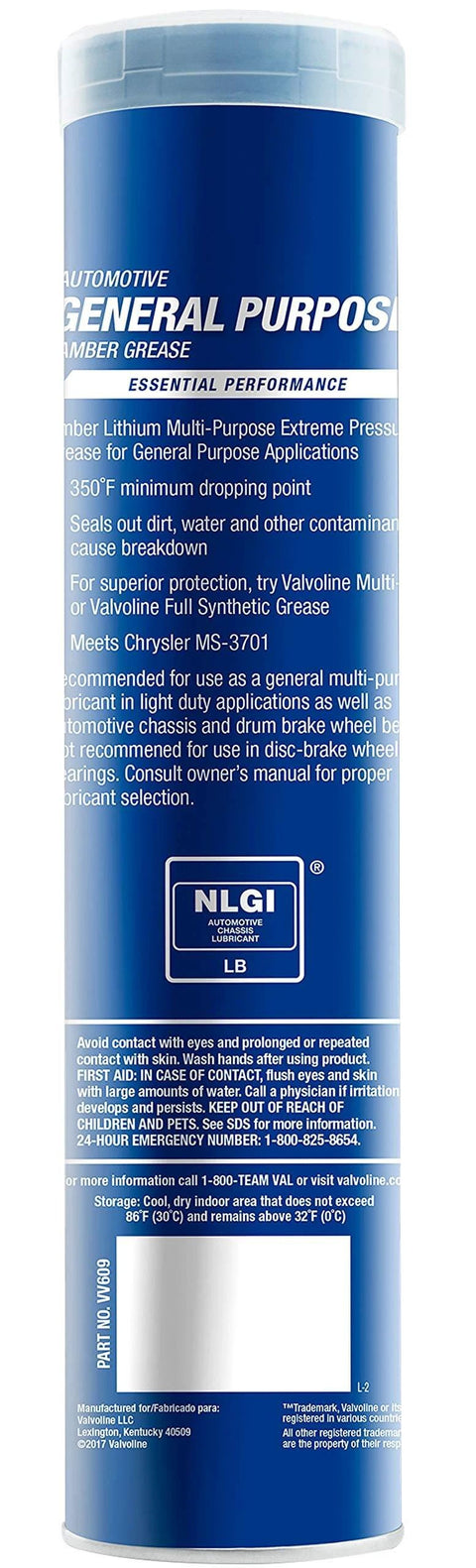 Side view of Valvoline General Purpose Amber Grease 14.1 OZ Cartridge, case of 10, showing product description on label.