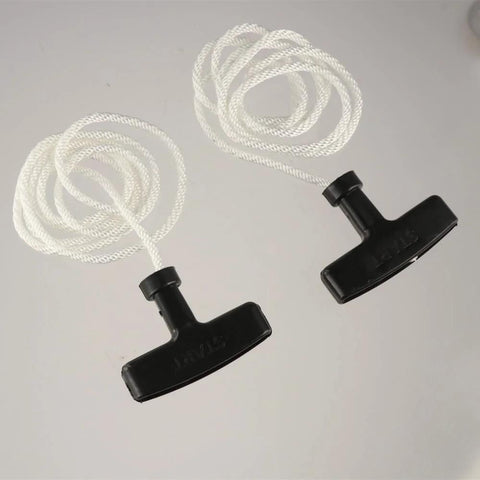 Two pieces from the Three Piece Universal Generator Starter Handle Pull Rope Set without cover, featuring durable plastic handles and white polyester ropes.