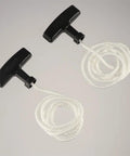 Three Piece Universal Generator Starter Handle Pull Rope Set Without Cover Durable Plastic And Polyester Construction For Easy Replacement On Lawn Mowers And Small Engines Includes Durable Starter Cord For Reliable Engine Starts, showing two handles with cords on a gray background.