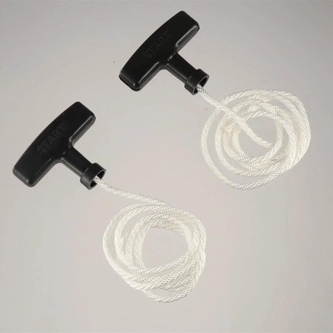 Three Piece Universal Generator Starter Handle Pull Rope Set Without Cover Durable Plastic And Polyester Construction For Easy Replacement On Lawn Mowers And Small Engines Includes Durable Starter Cord For Reliable Engine Starts, showing two handles with cords on a gray background.