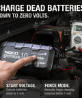 Genius10 10A 6V 12V Smart Battery Charger And Maintainer used in a car, displayed with digital meter reading zero volts.