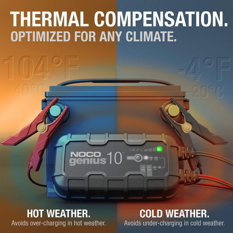 Genius10 10A 6V 12V Smart Battery Charger And Maintainer With Trickle Charge Desulfator and Overcharge Protection displaying thermal compensation for hot and cold weather