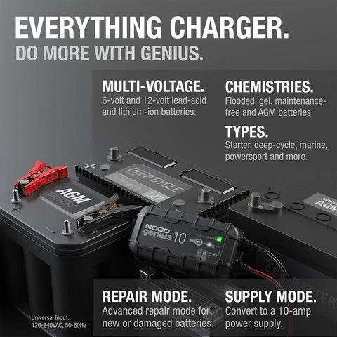 Genius10 10A 6V 12V Smart Battery Charger And Maintainer with multiple battery types and voltage compatibility shown.