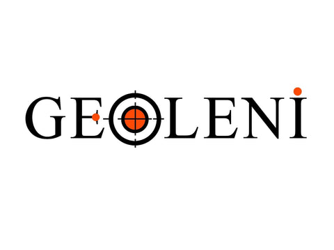 Geoleni logo with target symbol in letter 'O' and orange accent dots on white background.