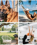 Collage of uses for Two Pack Screw Locking Carabiners 4 Inch Heavy Duty Stainless Steel 304, including dog muzzle, beach hammock, garden swing, and gym equipment.