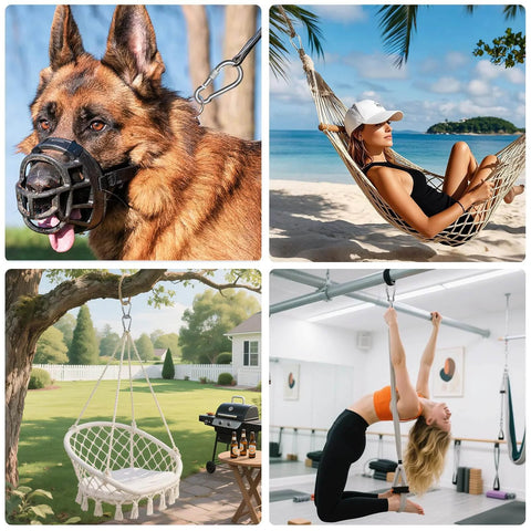 Collage of uses for Two Pack Screw Locking Carabiners 4 Inch Heavy Duty Stainless Steel 304, including dog muzzle, beach hammock, garden swing, and gym equipment.