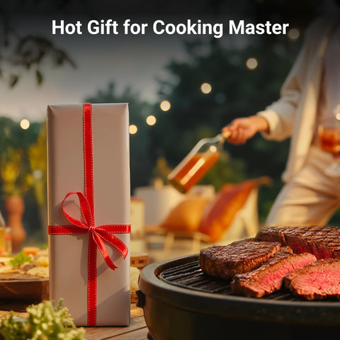 Wrapped gift and grilling steak outdoors with someone holding a beverage in the background, blurred setting sun.