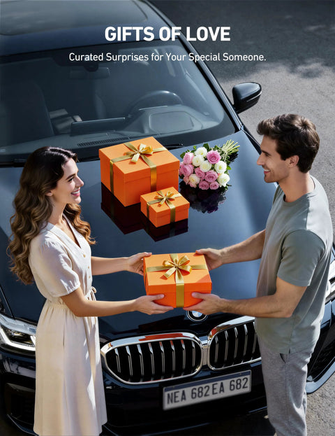 A couple exchanging a gift box on car hood with more gift boxes and flowers, labeled 'Gifts of Love.'