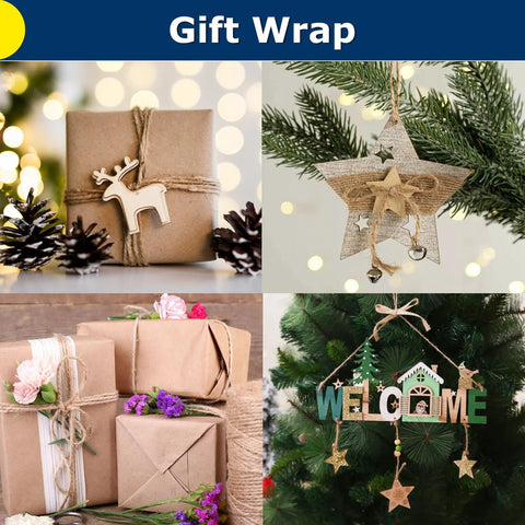 Image showing Natural Jute Twine 805 Feet Bulk Rope 2 Mm Thick 3 Ply For Crafts Gardening Gift Wrapping Wedding Decor Macrame uses in gift wrapping and Christmas decor.