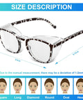Size description of 4 Pack Anti Fog Safety Glasses Z87 Plus Blue Light Blocking Eyewear For Nurses with measurement chart