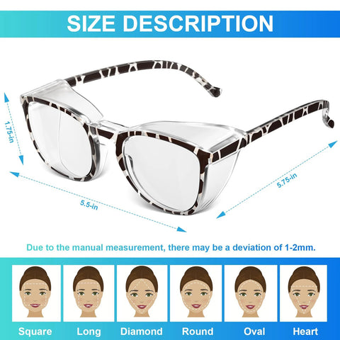 Size description of 4 Pack Anti Fog Safety Glasses Z87 Plus Blue Light Blocking Eyewear For Nurses with measurement chart