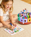 Child using Rotating Art Supplies Organizer With 360 Spin Base And Large Removable Caddy For Desk And Classroom Use 11 By 11 By 5 Inch Storage