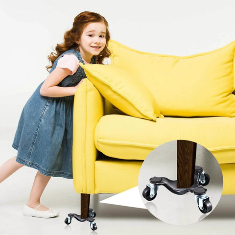 4pcs Furniture Moving Dolly Set with 3 Wheel Steel Tri Dollies under a yellow couch, highlighting triangle swivel casters.