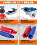 15 Foot Air Line Hose Kit 3 In 1 Heavy Duty Assembly For Truckers And Fleets With Gladhand Holder Extension Handles Tender Spring Kit And 7 Way Trailer Socket Ready To Roll Includes ABS Wrap Cord Aluminum Gladhands And Stainless Hanger Bracket coupler grip detail with aluminum handles and gladhands