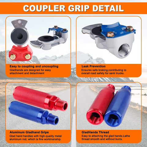 15 Foot Air Line Hose Kit 3 In 1 Heavy Duty Assembly For Truckers And Fleets With Gladhand Holder Extension Handles Tender Spring Kit And 7 Way Trailer Socket Ready To Roll Includes ABS Wrap Cord Aluminum Gladhands And Stainless Hanger Bracket coupler grip detail with aluminum handles and gladhands