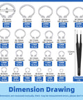 Dimension drawing of Over 300 Piece Stainless Steel C Clip And E Clip Retaining Ring Set By Glarks with tweezers and size details.