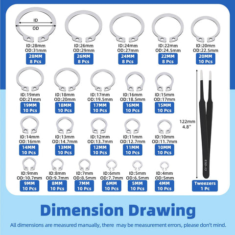 Dimension drawing of Over 300 Piece Stainless Steel C Clip And E Clip Retaining Ring Set By Glarks with tweezers and size details.