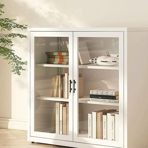 White cabinet with glass doors and 10 Pack 3 Inch 76mm Black Cabinet Pulls Heavy Duty Zinc Alloy Handles For Kitchen Cabinets Dressers Drawers Closets And Wardrobes Vintage Style Hardware For Cabinets Vanities And Furniture, displaying books and decor.