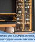 Image of a kitchen cabinet with glass doors and shelves, illustrating the Four Pack White Plastic Sliding Door Track Kit For One Quarter Inch Thick Panels Ideal For Sliding Glass Doors And Windows In Closets Or Cabinets Includes Upper And Lower Rails Two Feet Long.