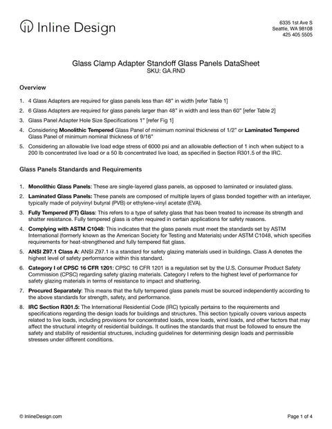 Glass clamp adapter standoff glass panels datasheet showcasing specifications and standards for panel use.