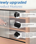 48 Inch Metal Sliding Door Track Set For Quarter Inch Panels Designed For Glass Closet Doors And Windows Rustproof Aluminum Rail With Smooth Quiet Operation And Easy Install Black Finish shown in use on cabinet with product features labeled.