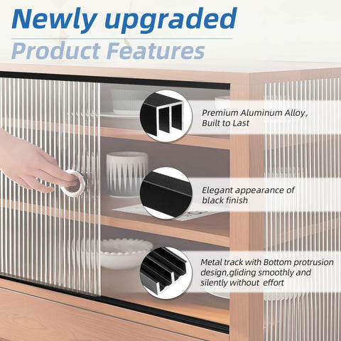 48 Inch Metal Sliding Door Track Set For Quarter Inch Panels Designed For Glass Closet Doors And Windows Rustproof Aluminum Rail With Smooth Quiet Operation And Easy Install Black Finish shown in use on cabinet with product features labeled.