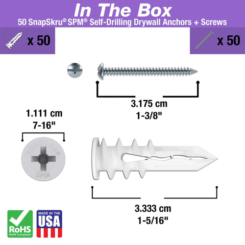 Mini self drilling drywall anchors with screws made from glass filled nylon for #6 to #8 fasteners installs in 3/8 to 5/8 inch drywall